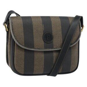 Authentic FENDI Pecan Canvas Shoulder Bag PVC Black Brown gold